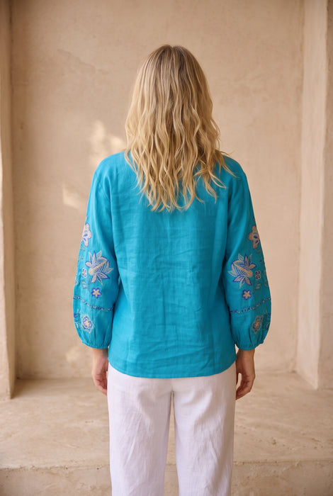 Johnny Was JWLA  Blue Boheme Split V-Neck Linen Blouse J11226-3