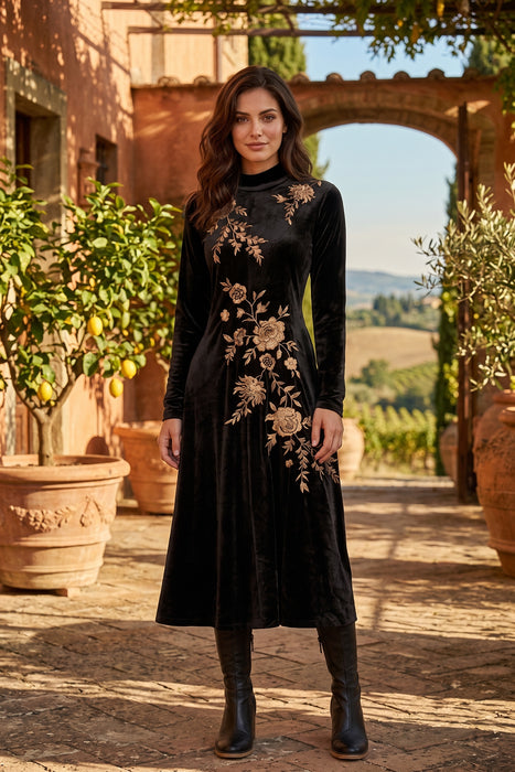Johnny Was JWLA Black Lenon Stretch Velvet Mock Neck Dress J35024-O