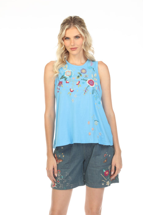Johnny Was JWLA Style J12022 Light Blue Martine Embroidered Knit Tank Top Boho Chic