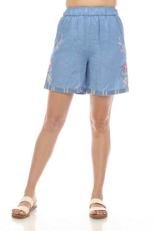 Johnny Was JWLA Style J83424 Light Denim Blue Embroidered Linen Shorts Boho Chic