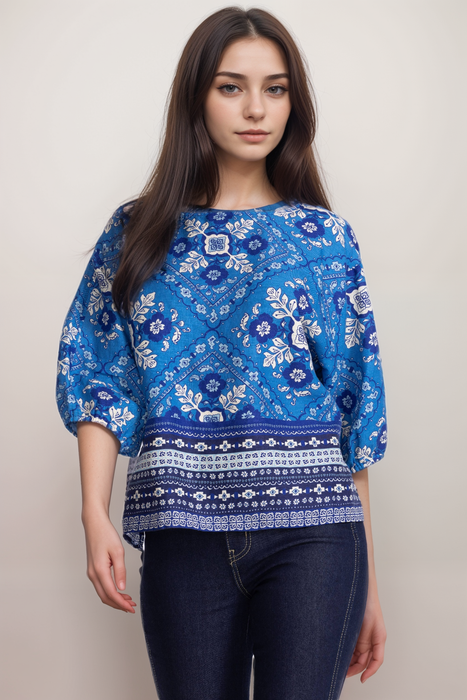 Johnny Was JWLA Blue Linen Boat Neck Blouse J12425-2