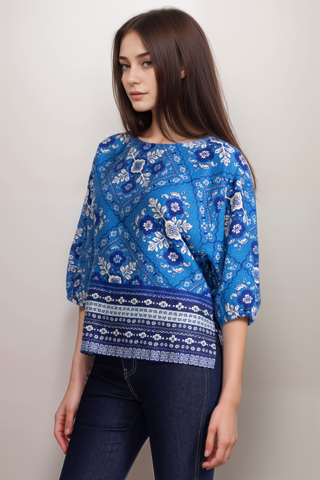 Johnny Was JWLA Blue Linen Boat Neck Blouse J12425-2