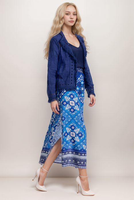 Johnny Was JWLA Blue Linen High Slit Midi Skirt J72325-2