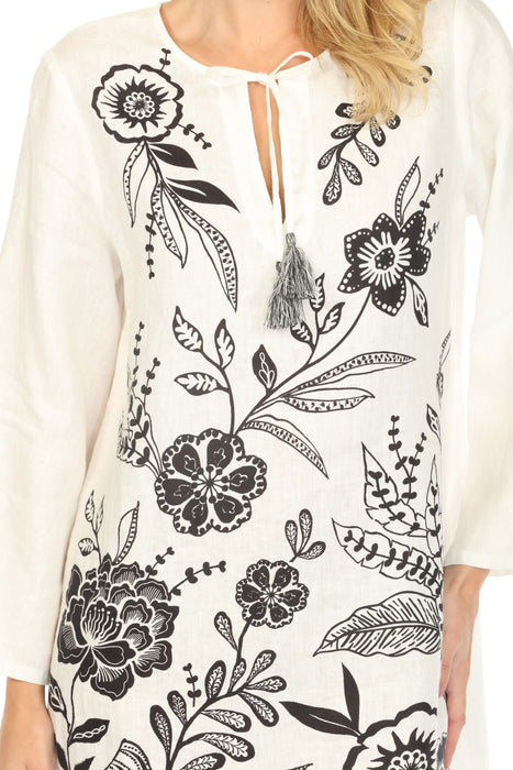 Johnny Was JWLA White Ezra Linen Kimono Sleeve Relaxed Dress J36425-1