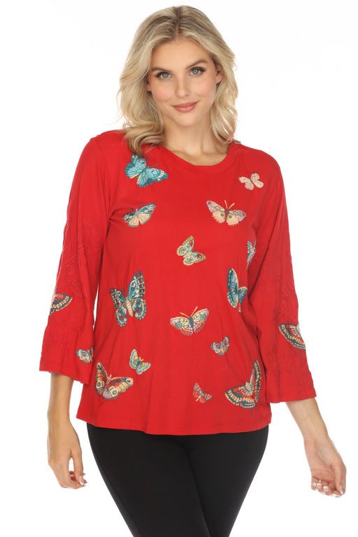 Johnny Was JWLA Style J16724 Equestrian Red Luciana Kimono Sleeve Embroidered Tee Boho Chic
