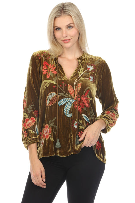 Johnny Was JWLA Style J10923 Isabella Velvet Embroidered Field Blouse Boho Chic