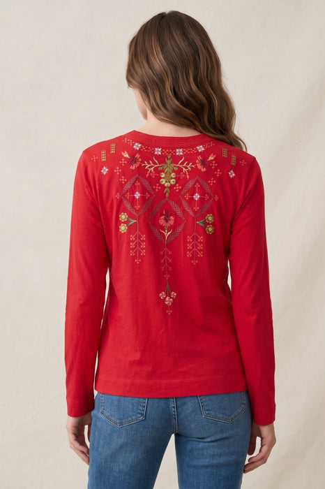 Johnny Was JWLA Red Malaya Mixed Media Long Sleeve Henley Tee J15025-7