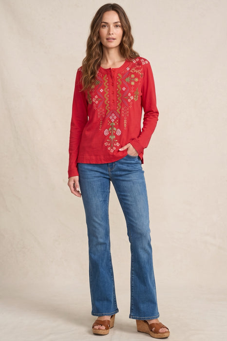 Johnny Was JWLA Red Malaya Mixed Media Long Sleeve Henley Tee J15025-7