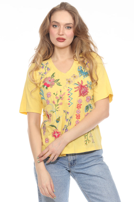 Johnny Was JWLA Style J11425-2 Yellow Maureen 3/4 Sleeve Trapunto V-Neck Tee