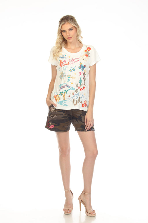 Johnny Was JWLA Style J82422 Molly Camo Cleo French Terry Embroidered Shorts Boho Chic