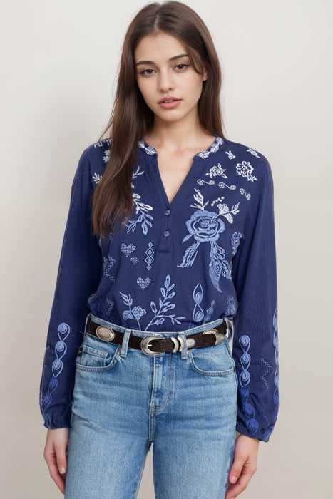 Johnny Was JWLA Laura Bishop Sleeve Henley Tee J19824-E *