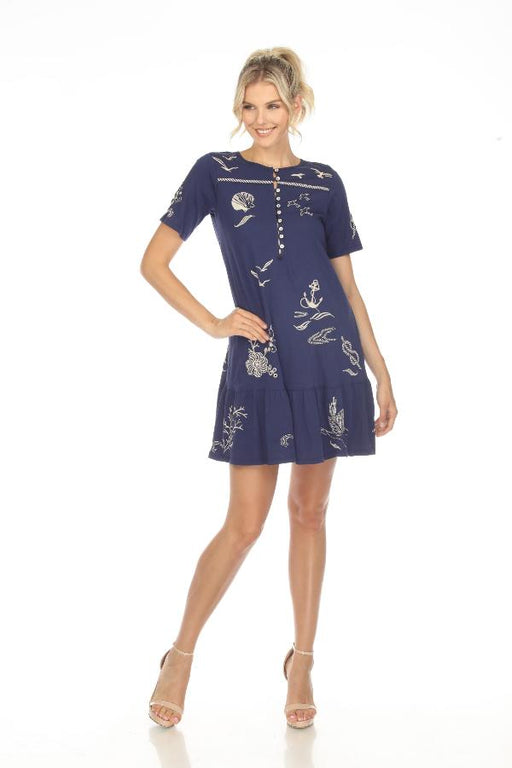 Johnny Was JWLA Style J37923 Navy Selah Short Sleeve Button Front Knit Dress Boho Chic