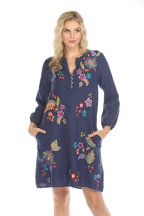 Johnny Was JWLA Style J34824-E Navy Shift Field Embroidered Linen Dress
