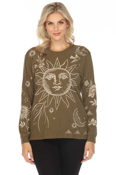 Johnny Was JWLA Olive Green Embroidered Long Sleeve Crew Neck Tee J17424 Boho Chic