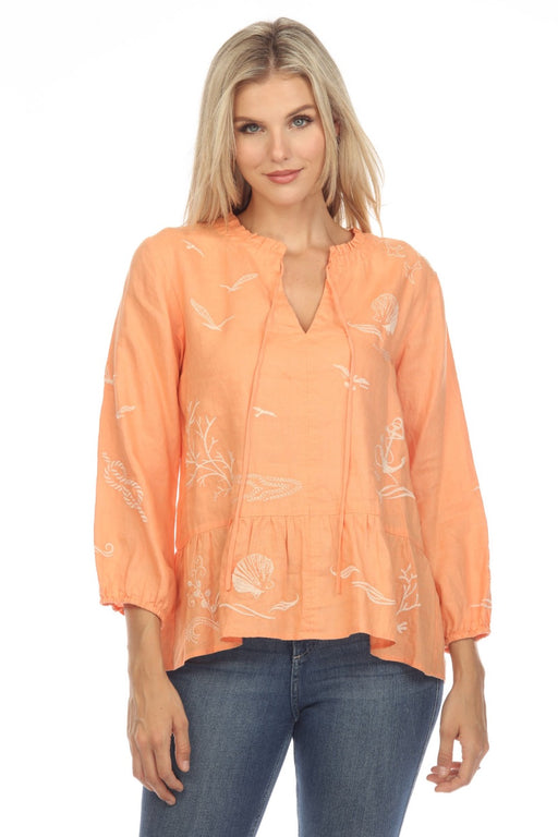 Johnny Was JWLA Style J18023 Orange Selah Peplum Linen Field Blouse Boho Chic
