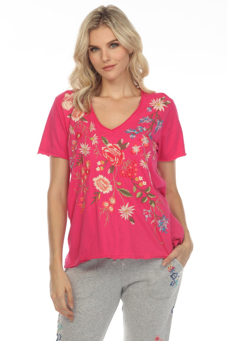 Johnny Was JWLA Style J18923 Pink Catalina Floral Embroidered Everyday Tee