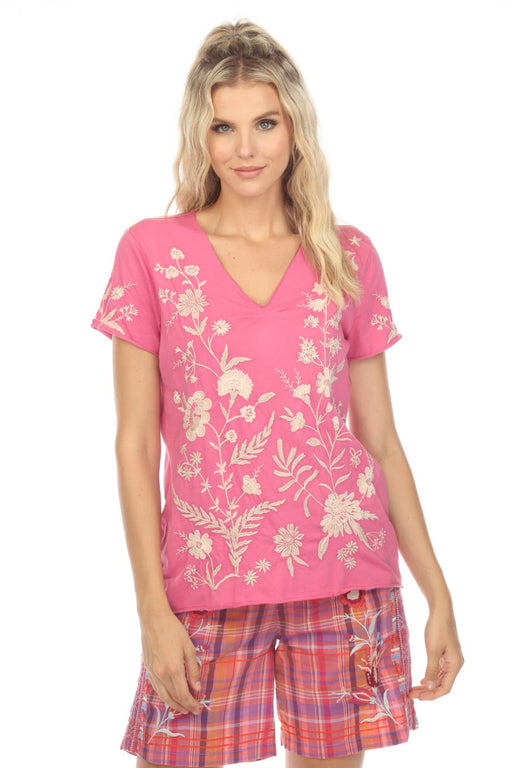 Johnny Was JWLA Style J17223 Pink Marseille Embroidered Pleat Front Tee Boho Chic