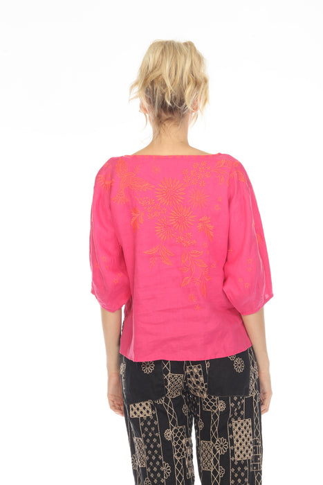 Johnny Was JWLA Pink Oleander Boat Neck Linen Embroidered Blouse J18523-5
