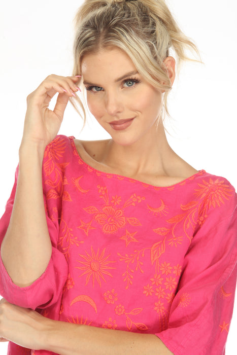 Johnny Was JWLA Pink Oleander Boat Neck Linen Embroidered Blouse J18523-5