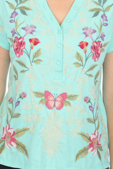 Johnny Was JWLA Dacie Button Neck Embroidered Knit Tee J14824 *