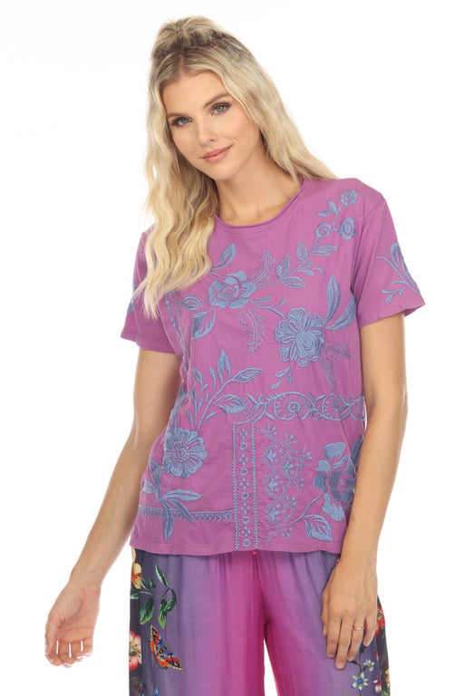 Johnny Was JWLA Style J16423 Purple Lyra Embroidered Relaxed Crew Neck Tee Boho Chic