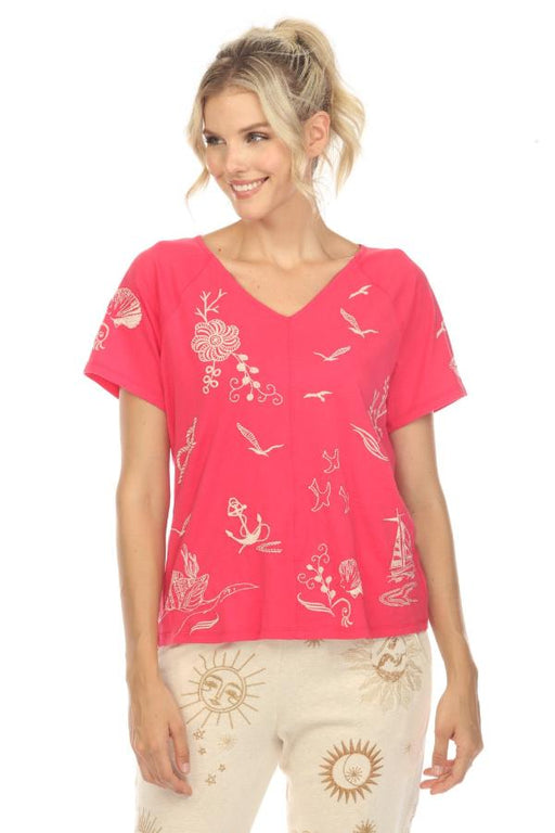 Johnny Was JWLA Style J18123-4 Raspberry Pink Selah Raglan Keyhole Tee Boho Chic