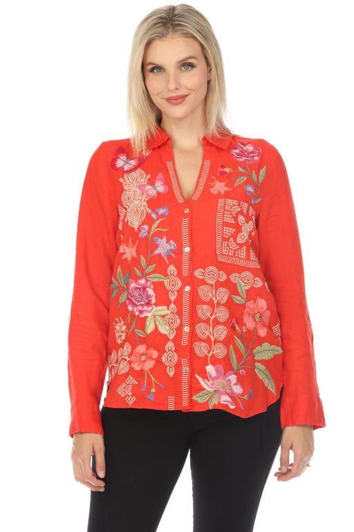 Johnny Was JWLA Style J16524 Red Dacie Relaxed Linen Embroidered Shirt Boho Chic