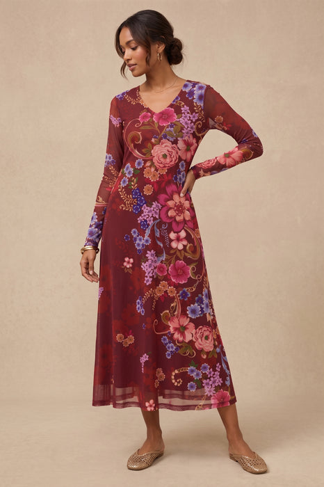 Johnny Was JWLA Rolanda Long Sleeve V-Neck Mesh Midi Dress Petite R30225-9P