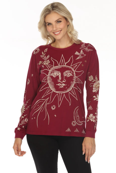 Johnny Was JWLA Rose Wine Embroidered Long Sleeve Crew Neck Tee J17424 Boho Chic