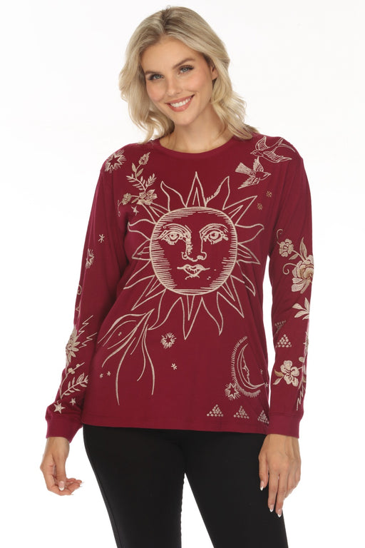 Johnny Was JWLA Rose Wine Embroidered Long Sleeve Crew Neck Tee J17424 Boho Chic