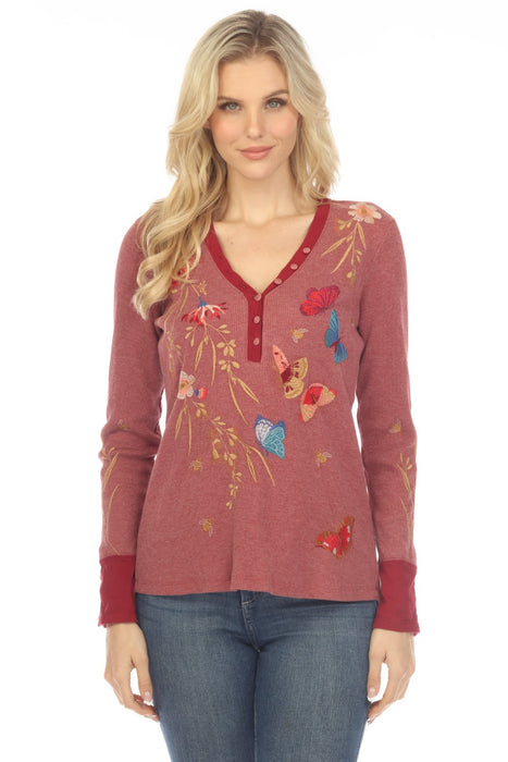 Johnny Was JWLA Style J19823 Rust Aria Embroidered V-Neck Henley Thermal Top Boho Chic