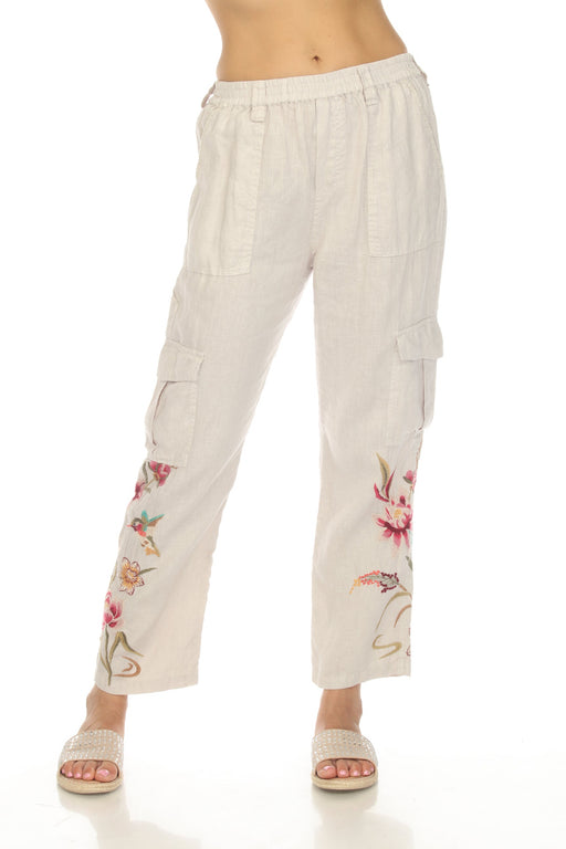 Johnny Was JWLA Style J66223 Sand Maisie Linen Embroidered Cargo Pants Boho Chic