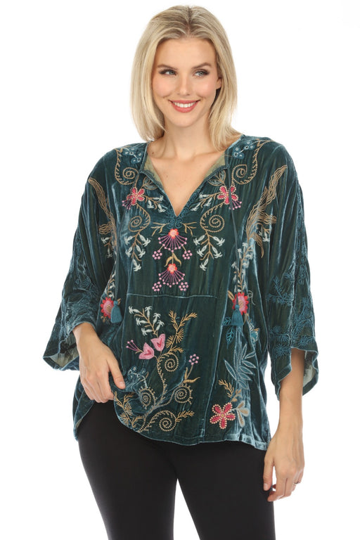 Johnny Was JWLA Style J16424 Peacock Sisa Velvet Embroidered Kaftan Blouse Boho Chic