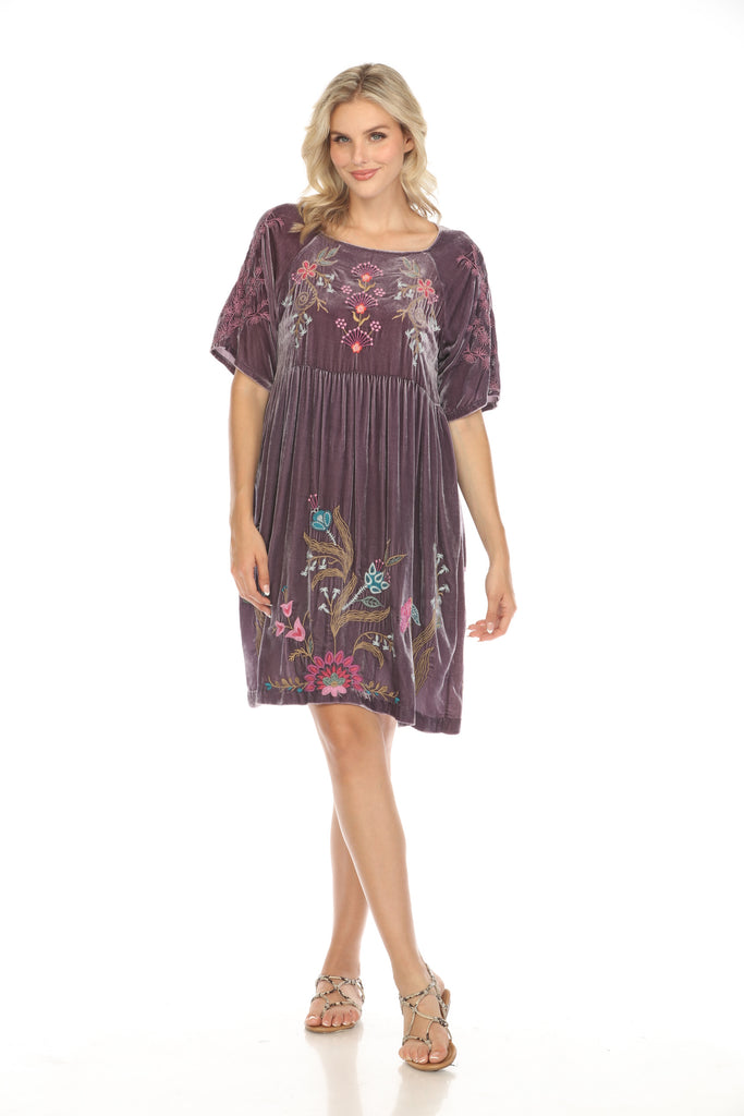Boho Velvet Raglan Dress with Floral Embroidery | Johnny Was