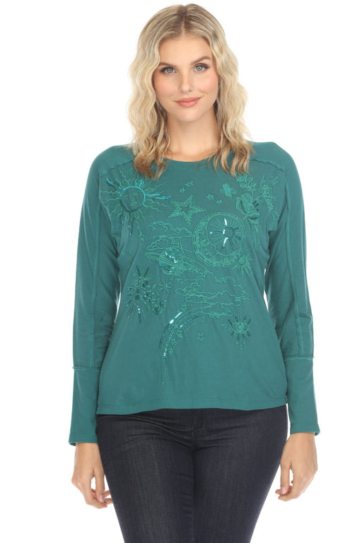 Johnny Was JWLA Style J19124 Green Long Sleeve Dolman Embroidered Tee