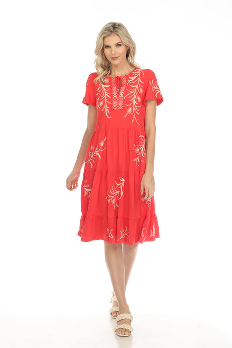 Johnny Was JWLA Style J35122 Strawberry Red Fern Embroidered Tiered Knit Dress Boho Chic