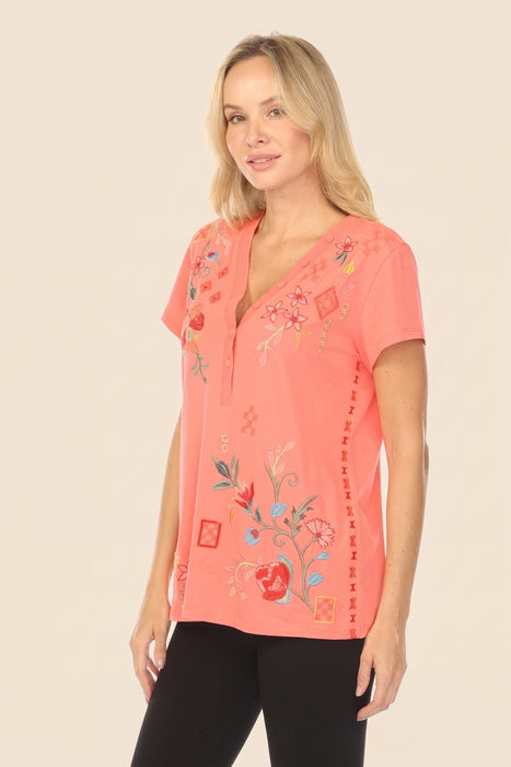 Johnny Was JWLA Button Neck Cotton Tee J12025-3