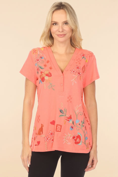 Johnny Was JWLA Button Neck Cotton Tee J12025-3