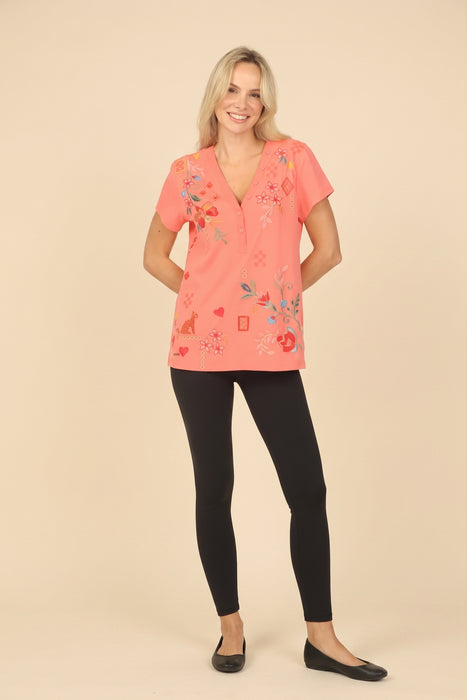 Johnny Was JWLA Button Neck Cotton Tee J12025-3