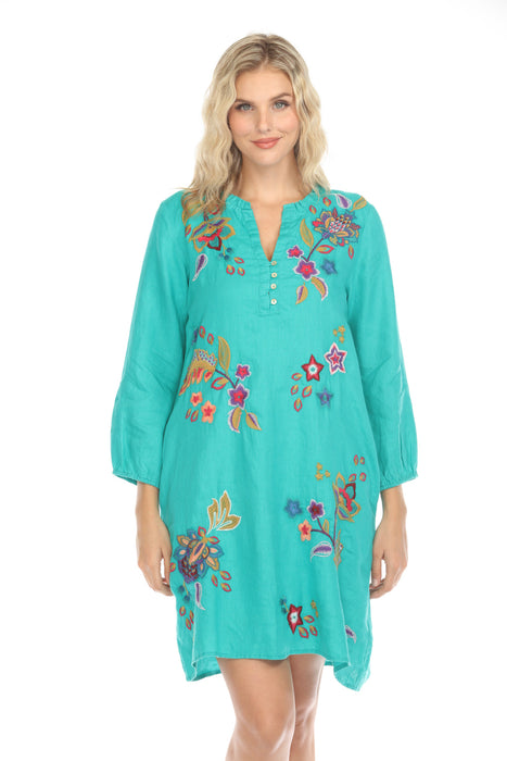 Johnny Was JWLA Style J34824-E Teal Shift Field Embroidered Linen Dress