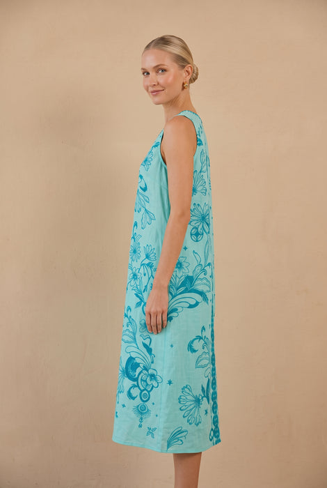 Johnny Was JWLA Teal Xalina Linen Tank Dress J32626-3