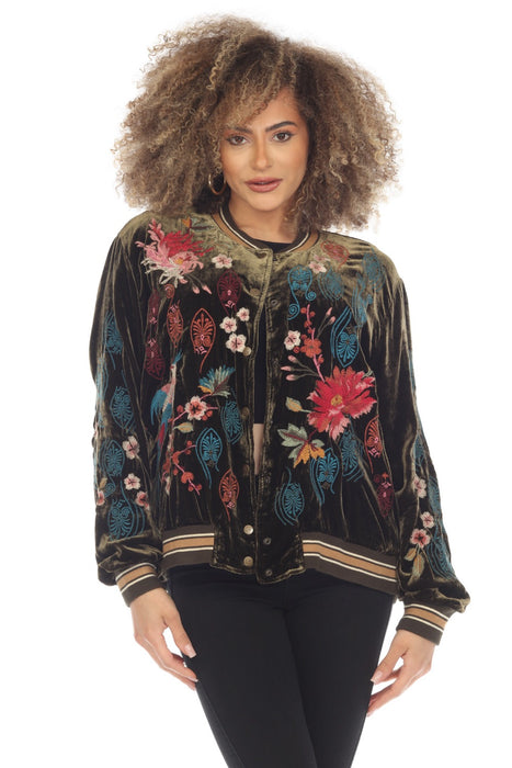 Johnny Was JWLA Style J48623 Tiger Eye Ashira Velvet Embroidered Snap Front Bomber Jacket Boho Chic