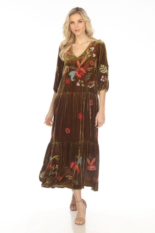 Johnny Was JWLA Style J39523 Soft Yellow Green Velvet Embroidered 3/4 Sleeve Tiered Maxi Dress Boho Chic