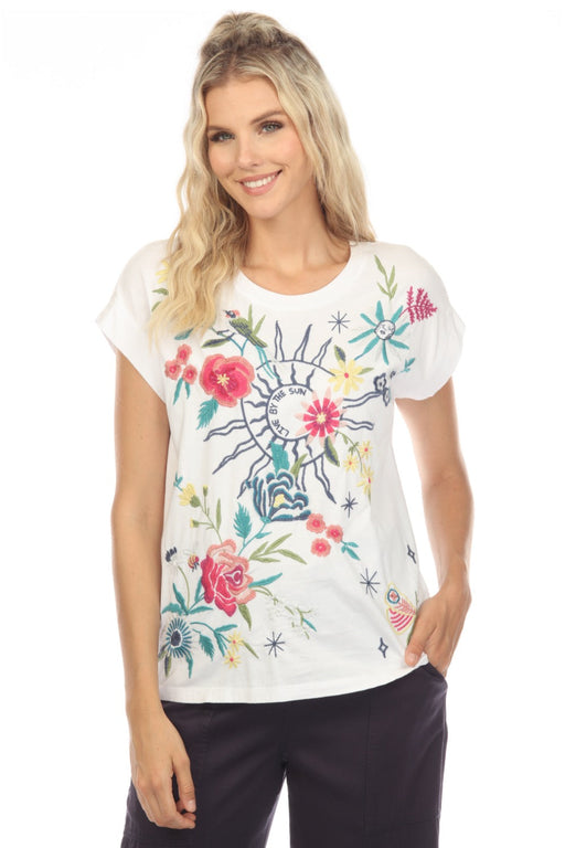 Johnny Was JWLA Style J16923 White Arla Embroidered Relaxed Tee Boho Chic