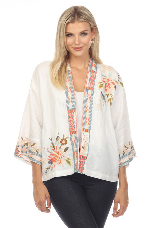 Johnny Was JWLA Style J48123 White Ceretti Linen Floral Embroidered Cropped Kimono Chic