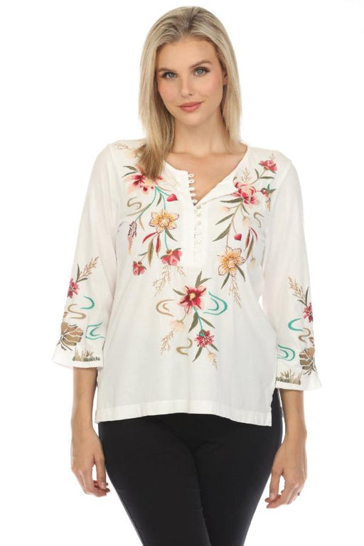 Johnny Was JWLA Style J15923 White Maisie 3/4 Sleeve Button Front Tee Boho Chic