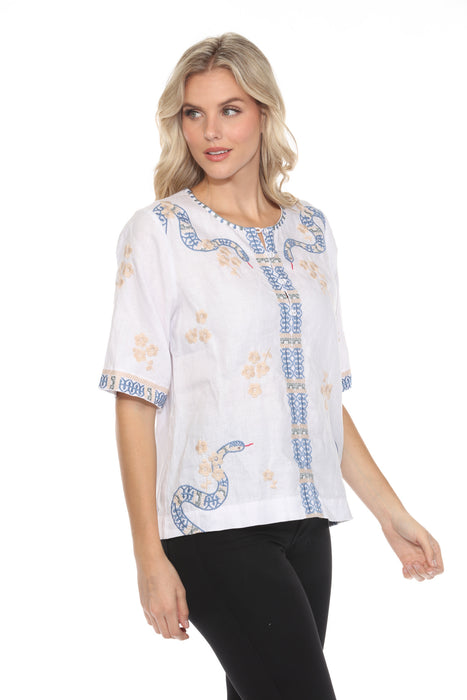 Johnny Was JWLA Split Neck Button Linen Blouse J15124 *