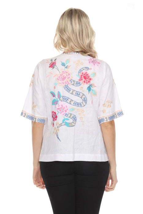 Johnny Was JWLA Split Neck Button Linen Blouse J15124 *