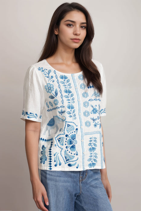 Johnny Was JWLA White Yadira Linen Flutter Sleeve Blouse J13425-5