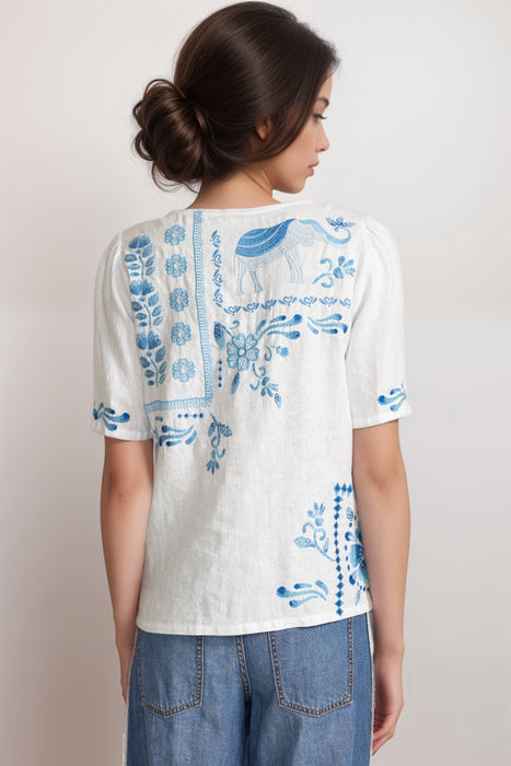 Johnny Was JWLA White Yadira Linen Flutter Sleeve Blouse J13425-5